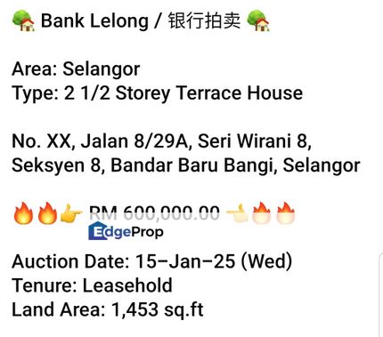 Bank Lelong- Seri Wirani 8 , Bandar Baru Bangi ( 2.5 storey), Selangor, Bangi