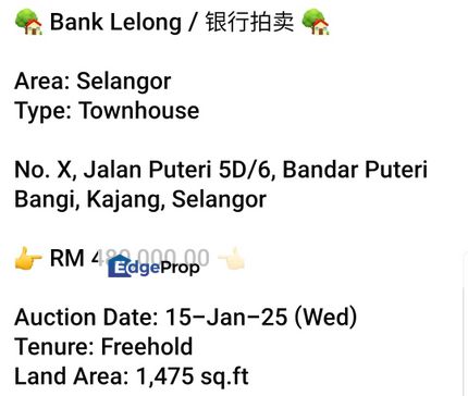 Bank Lelong-Bandar Puteri Bangi (Townhouse), Selangor, Bangi