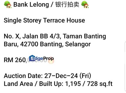 Bank Lelong-Taman Banting Baru (S/Storey), Selangor, Banting