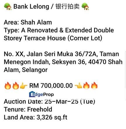 Bank Lelong-Taman Menegon Indah Shah Alam (2 storey), Selangor, Klang