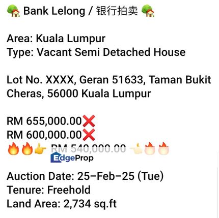 Bank Lelong- Taman Bukit Cheras Vacant Semi Detached House, Kuala Lumpur, Cheras