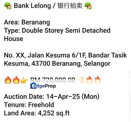 Bank Lelong- Bandar Tasik Kesuma (Semi-D), Selangor, Semenyih