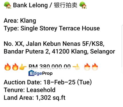 Bank Lelong-Bandar Putera 2, Klang (S/Storey), Selangor, Klang