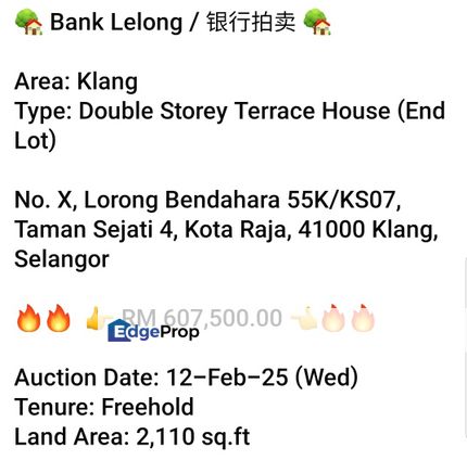 Bank Lelong-Taman Sejati 4, Klang (2 storey), Selangor, Klang