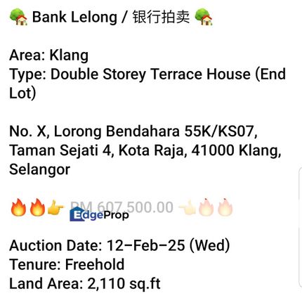 Bank Lelong-Taman Sejati 4, Klang ( 2 storey), Selangor, Klang