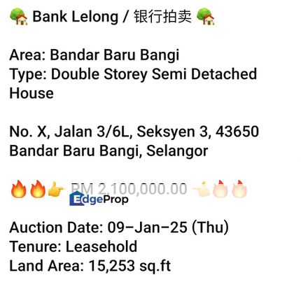 Bank Lelong-Bandar Baru Bangi ( Semi-D), Selangor, Bangi