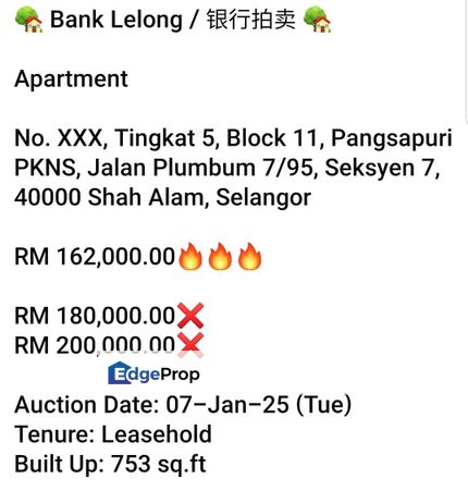 Bank lelong-Pangsapuri PKNS, Shah Alam, Selangor, Shah Alam