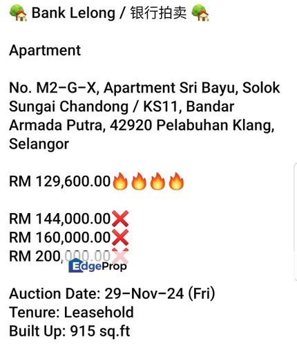 Bank Lelong-Apartment Sri Bayu, Klang, Selangor, Pulau Indah (Pulau Lumut)