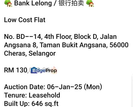 Bank Lelong-Taman Bukit Angsana, Cheras ( Flat), Selangor, Cheras