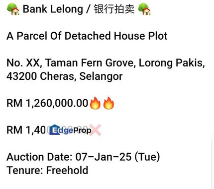 Bank Lelong-Taman Fern Grove, Cheras (Semi D), Selangor, Batu 9th Cheras