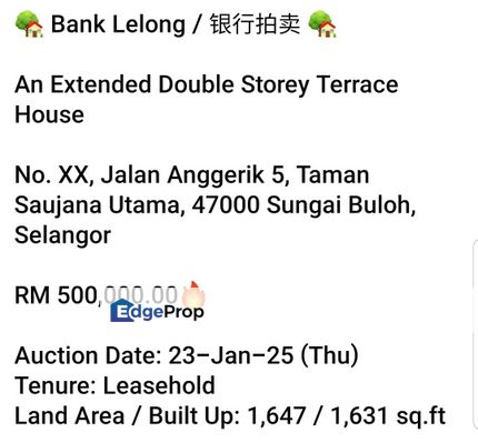 Bank Lelong- Taman Saujana Utama, Sungai Buloh (2 Storey), Selangor, Sungai Buloh