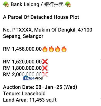 Bank Lelong-Mukim Of Dengkil, Sepang  (Semi D Plot), Selangor, Sepang