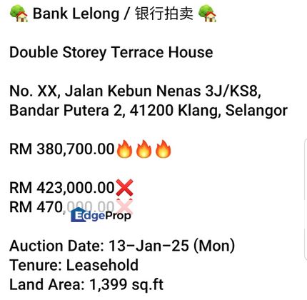 Bank Lelong- Bandar Putera 2, Klang (2 storey), Selangor, Klang