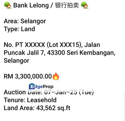 Bank Lelong-Jalan Puncak Jalil  (Land), Selangor, Seri Kembangan