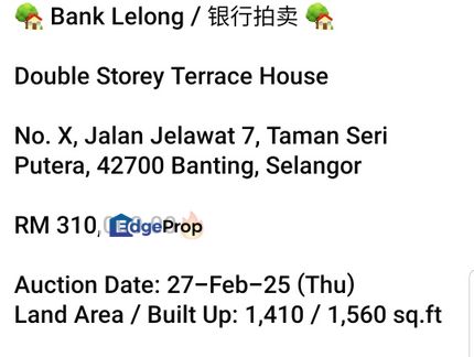 Bank Lelong-Taman Seri Putera Banting (2 Storey), Selangor, Klang