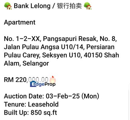 Bank Lelong- Pangsapuri Resak Shah Alam, Selangor, Shah Alam