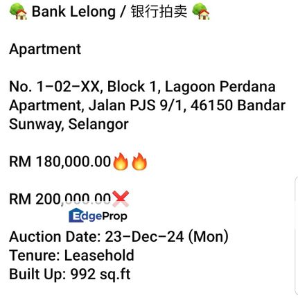 Bank Lelong- Lagoon Perdana Apartment, Selangor, Bandar Sunway