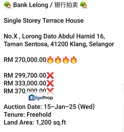 Bank Lelong-Taman Sentosa , Klang (S/Storey), Selangor, Klang