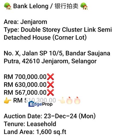 Bank Lelong-Bandar Saujana Putra @Jenjarom( Semi D), Selangor, Jenjarom