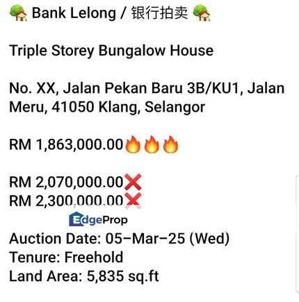 Bank Lelong- Meru Klang (3 storey Bungalow), Selangor, Klang