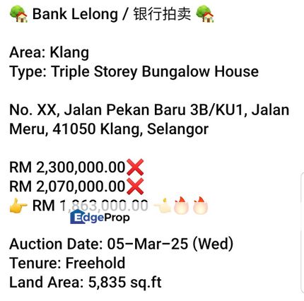 Bank Lelong- Pekan Baru 3B/KU1 Klang (Bungalow), Selangor, Klang