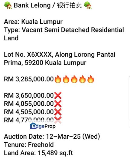 Bank Lelong-Along Lorong Pantai Prima (Semi D Residential Land), Kuala Lumpur, Pantai Dalam/Kerinchi