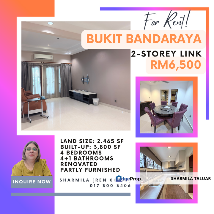 🏠 2-Storey Link for Rent in Bukit Bandaraya, Bangsar, KL, Kuala Lumpur | Gated & Guarded | Renovated | Partly Furnished 🏠, Kuala Lumpur, Bangsar