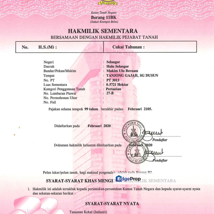 Tanah pertanian Sungai Dusun, Ulu Bernam, Kuala Kubu Bharu. 1 nama, Selangor, Hulu Selangor