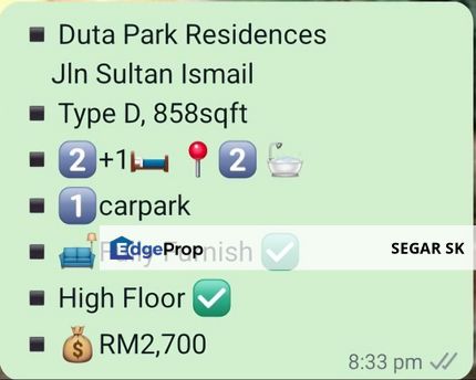 KL Duta Park Residence 2+1R & FF & 1CP, Kuala Lumpur, Jalan Ipoh