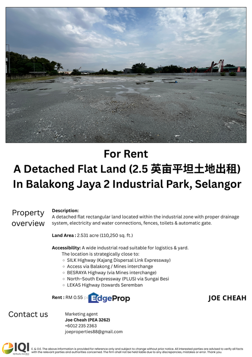 2.5 Acres Land For Rent Balakong Jaya Industrial Park , Selangor, Balakong