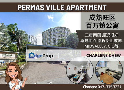 Permas Ville Apartment Good Condition 3 Rooms Nearby Aeon, CIQ, Johor, Permas Jaya/Senibong