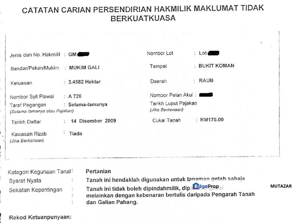 FREEHOLD Land For Sale in Bukit Koman @ Raub, Pahang - Near Town, Pahang, Raub