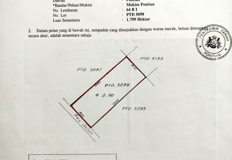 Kampung Melayu Raya Pekan Nenas Pontian tanah seluas 4.445 ekar