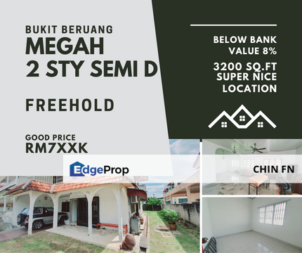 Below Value 8% Freehold 2 Sty Semi D House Megah Bukit Beruang MMU Melaka, Melaka, Melaka Tengah