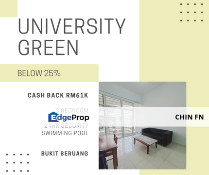 Below Value 25% Cash RM61K Freehold University Green Bukit Beruang MMU Melaka, Melaka, Melaka Tengah