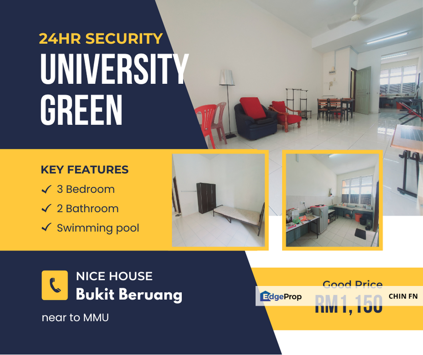 Furnish Pool 24hr Security University Green UG Bukit Beruang MMU Melaka, Melaka, Melaka Tengah