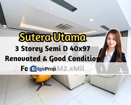 Sutera Utama, 3 Storey Semi D 40x97, Fully Renovated, Good Condition, Johor, Skudai