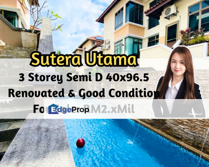 Sutera Utama, 3 Storey Semi D, With Swimming Pool, Good Condition, Johor, Skudai