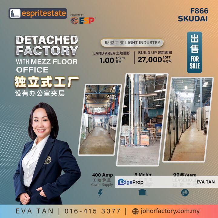 Skudai Taman Industri Jaya Detached Factory with Office Building for sale, Johor, Johor Bahru