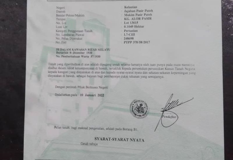 Tanah Untuk Dijual di Pasir Puteh Kelantan