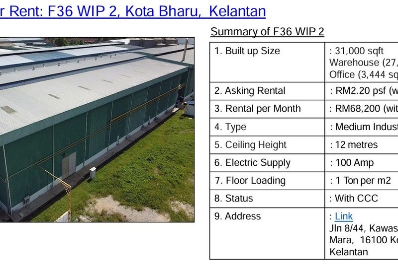 factory for rent in Kota Bharu Kelantan