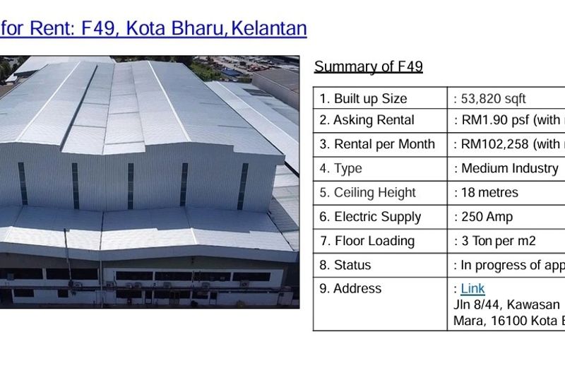 a factory for rent in Kawasan Perindustrian Pengkalan Chepa Kota Bharu Kelantan
