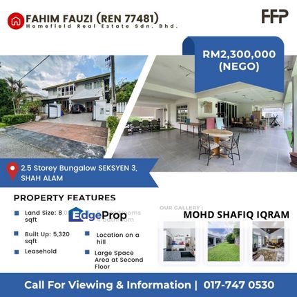 Banglo 2.5 Tingkat dengan Tanah Luas di tepi dan Belakang Rumah, Selangor, Shah Alam