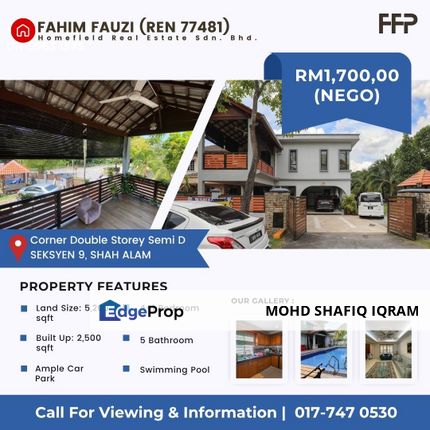 Corner Lot Semi D 2 Tingkat Seksyen 9 dengan Tanah yang Luas, Selangor, Shah Alam