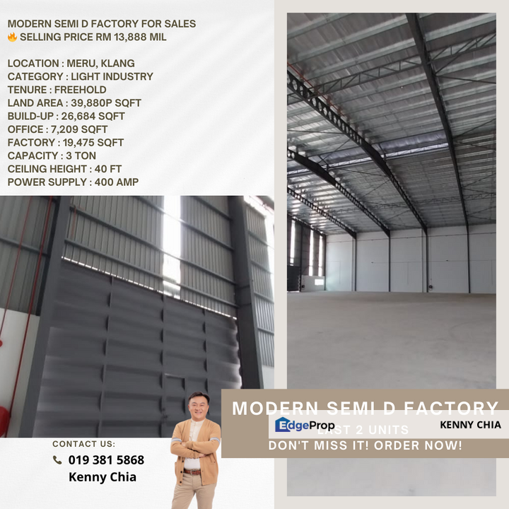 Modern Semi D Factory Obatined CF Meru Klang , Selangor, Kapar 