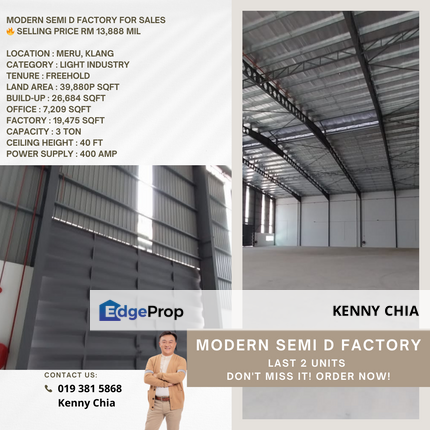 Modern Semi D Factory Obatined CF Meru Klang , Selangor, Kapar 