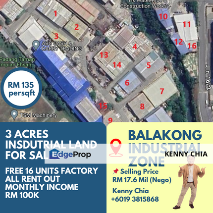 3 Acres Industrial Land with 16 Factory Balakong, Selangor, Balakong