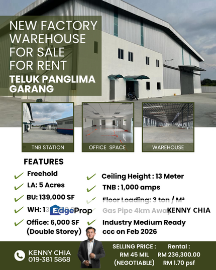 New Factory Warehouse Freehold Teluk Panglima Garang Klang, Selangor, Klang