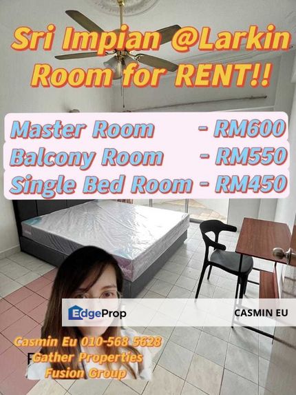 For RENT  @ Sri Impian at Larkin   -Newly paint and brand new furniture  -Master room RM 600 -Balcony room RM 550 -Single Bed RM450 only!! , Johor, Johor Bahru