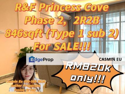 R&F Princess Cove Phase 2 -  2R2B -  846sqft  for Sale  RM820k only!!   , Johor, Johor Bahru